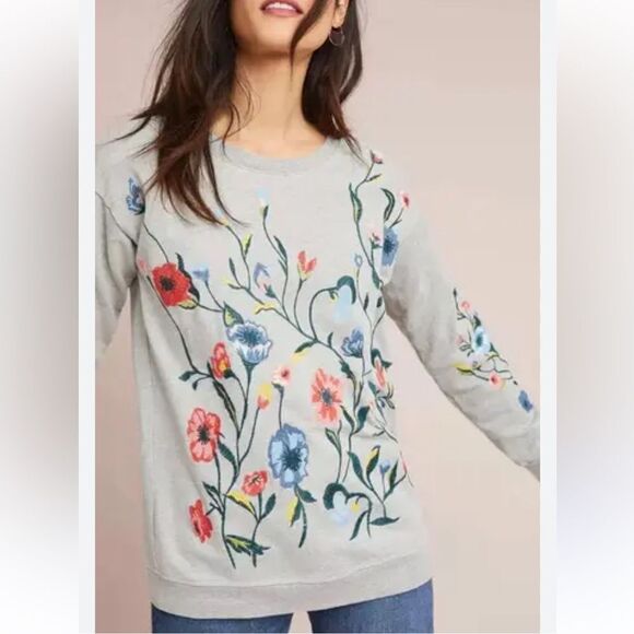 Sundry Grey Floral Embroidered Oversized Crewneck Sweater Women’s 1 (Small) - Picture 1 of 4